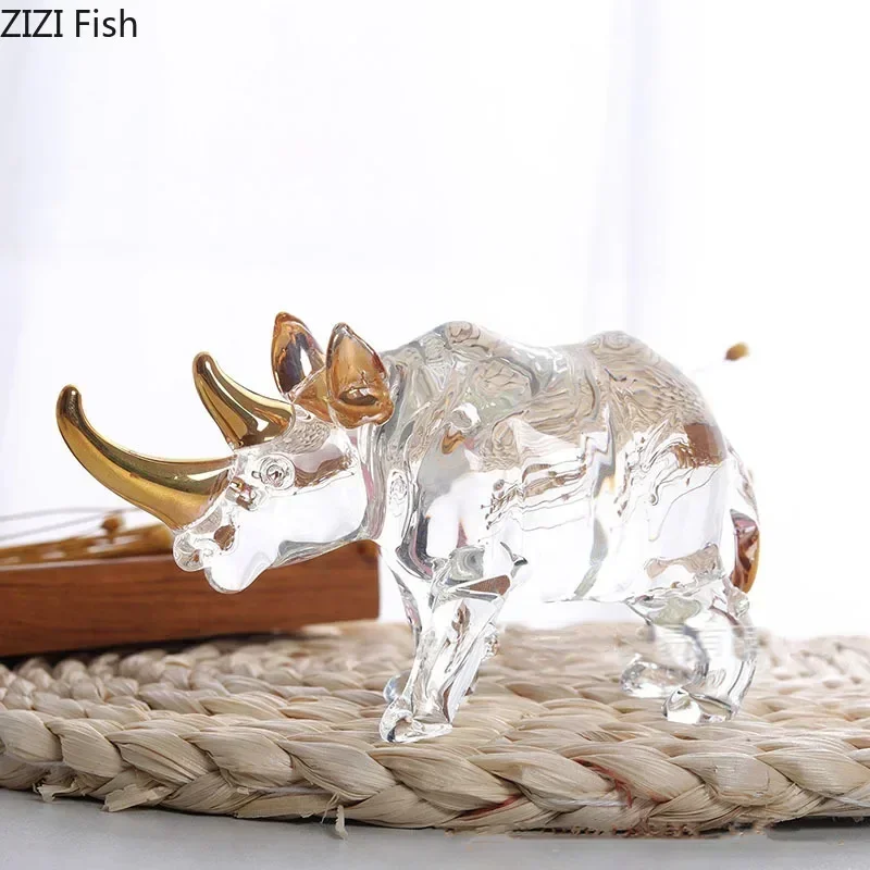 Transparent Crystal Rhinoceros Statue Desk Decoration Golden Horned Sculpture Rhino Minimalism Animal Room Aesthetics Decor