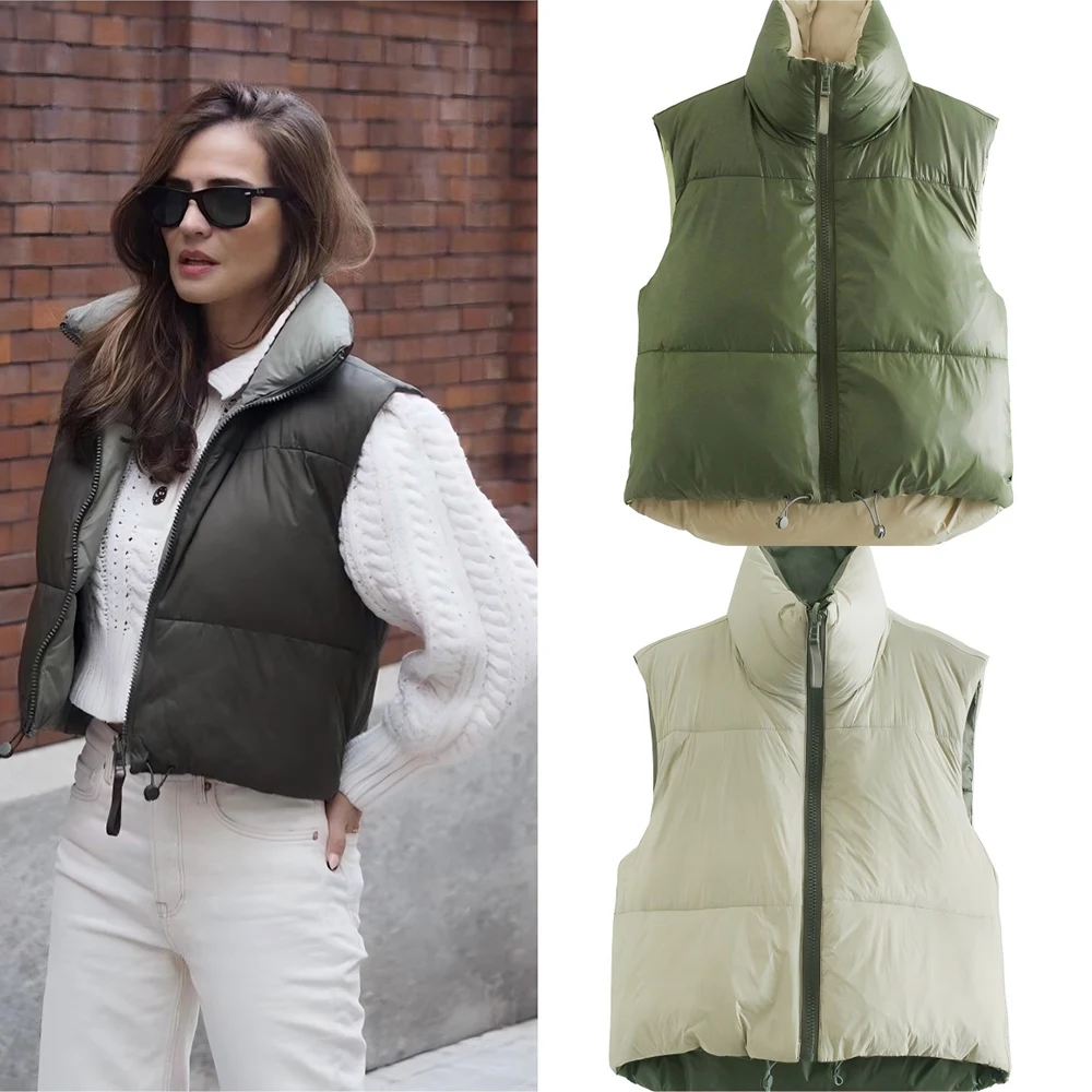 

Women's new fashion casual warm stand collar vest short double-sided cotton vest retro sleeveless zipper women's vest chic top
