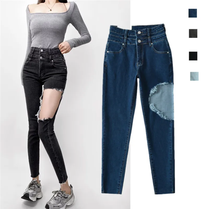 

Эластичные облегающие джинсовые джинсы с высокой талией, сексуальные длинные брюки с дырками, хлопковые эластичные леггинсы глубокого цвета, леггинсы-карандаш