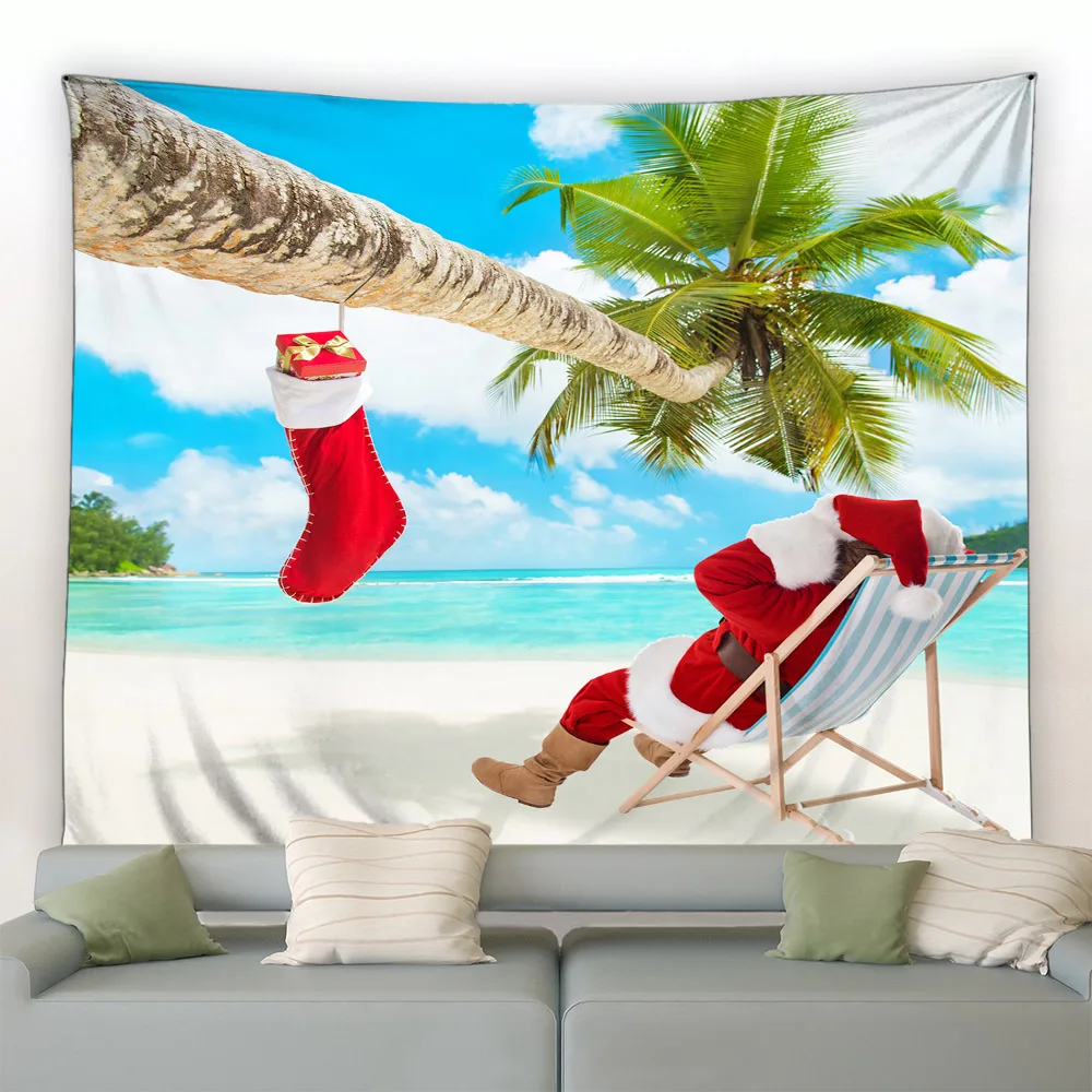 Palm Leaves Beach Christmas Tapestry Santa Claus Tree Gift Cute Snowman Rope Ball Xmas Berry Living Room Home Decor Wall Hanging