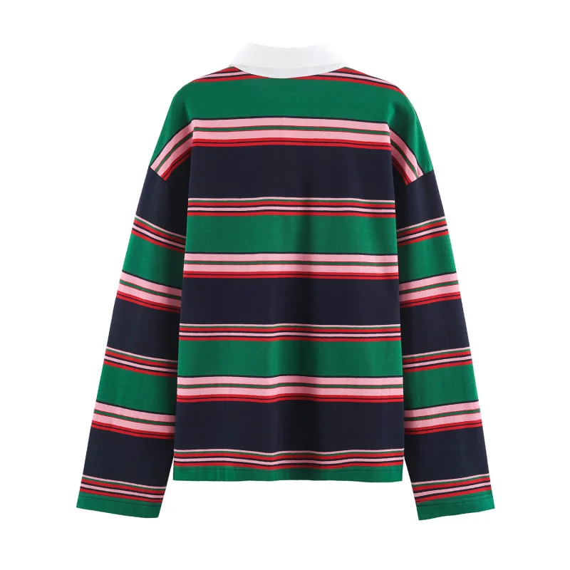 Damen Colorblock Gestreiftes Poloshirt Weiß Kontrastkragen Halbe Knopfleiste Langarm Locker Sitzend Lässiger Pullover T-Shirt Oberteil – Detail 5