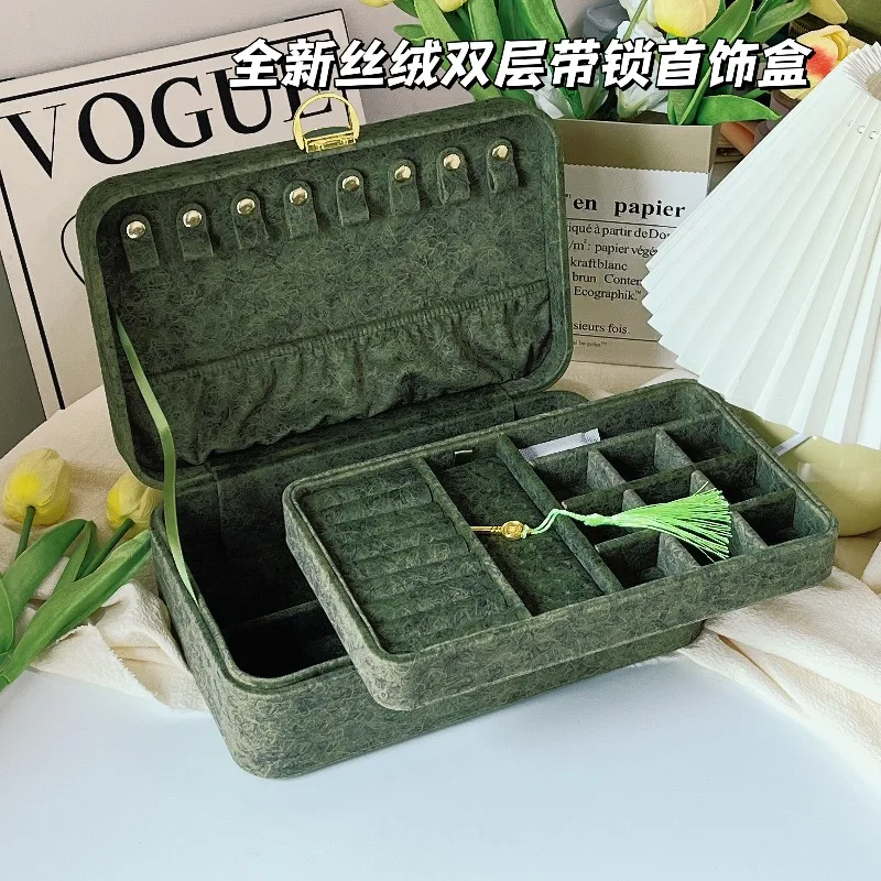 New velour double-layer jewelry box with lock, jewelry necklace bracelet jewelry storage anti-oxidation and anti-loss key