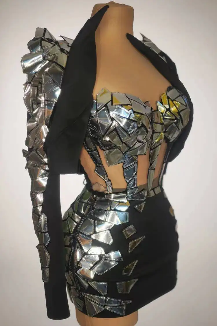Fahion Silver Sequin Bra Skirt Jacket Outfit Set Women Singer Sexy Celebrate Birthday Party Set Bar Dance Prom Clothes Suipian