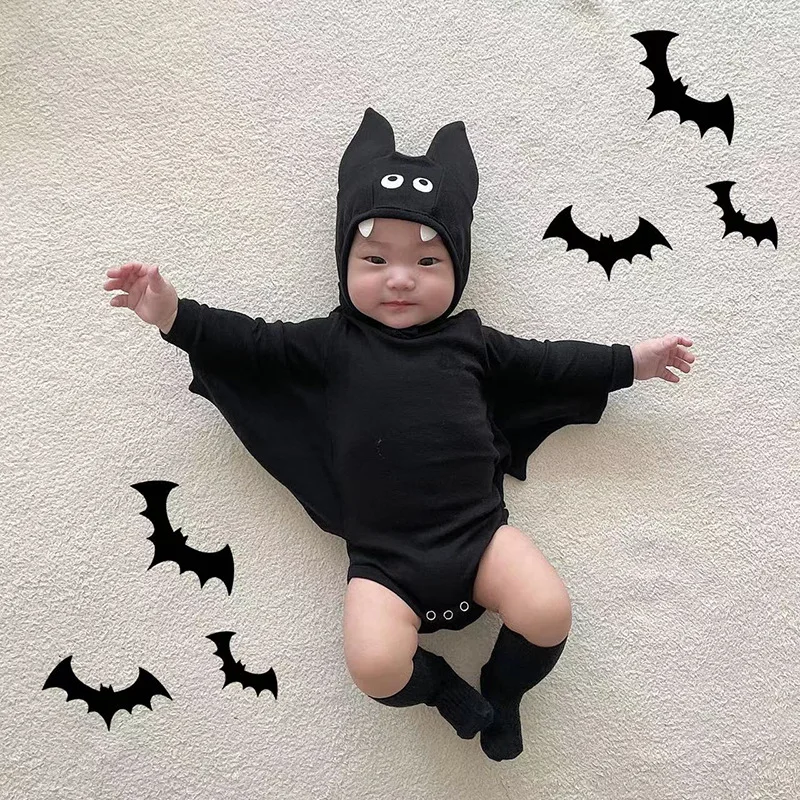 2024 New Baby Halloween Clothes Set Boys Girls Cute Bat Sleeve Bodysuit + Hat  Toddler Fashion Kids Halloween Party Clothing