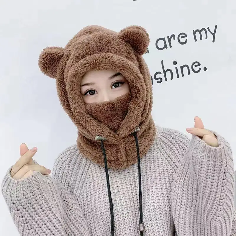 Women Youth Girls Winter Cute Cartoon Plush Bear Ears Hats Balaclava Warm Bear Hooded Hat Ear Protection Cap Windproof Thick