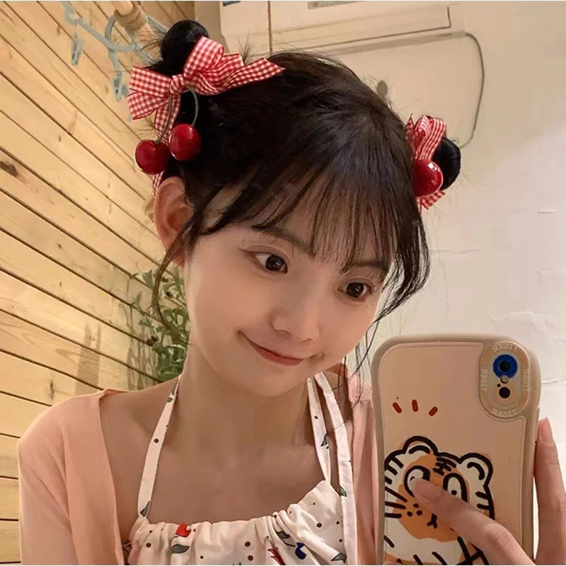 Cute Maiden Cherry Fabric Bow Hairpins Lace Strawberry Side Hairpins Pair Clips Children\'s Headflower Top Clips Lolita Headdress