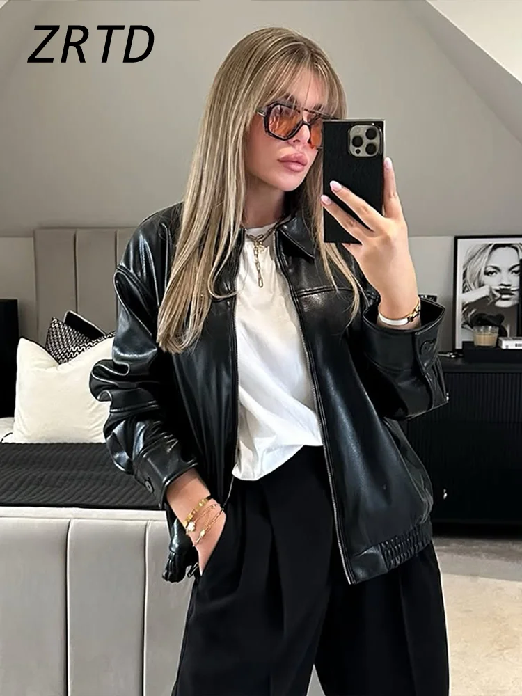 Street Women's Brown Leather Jackets Loose Lapel Zipper Long Sleeve Pockets Female Coats 2025 Spring Lady Fashion Y2k Outwear