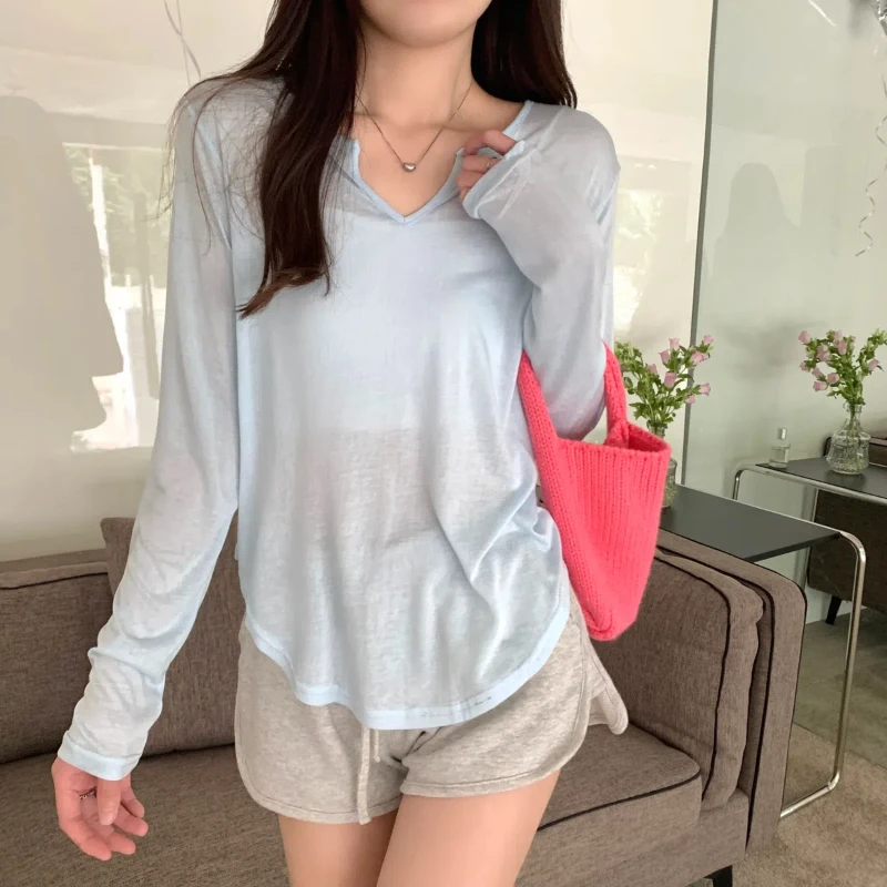 Korean 2024 Summer Women\'s New Patchwork V-neck Fashion Solid Color Minimalist Office Lady Versatile Casual Long Sleeve Tops