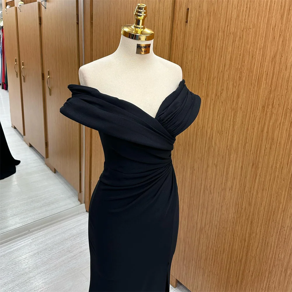 Lily Black V Neck Prom Dress Off the Shoulder Celebrity Dresses Mermaid Women\'s Evening Dresses Stain Pleat Formal Gown 프롬 드레스