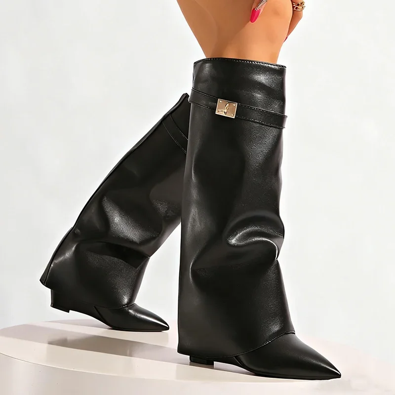 Schwarz Pu Leder Kniehohe Stiefel Frauen Sexy Spitz Gerade Bein Stiefel Frau Punk Stil Keil High Heels Lange Botas Mujer