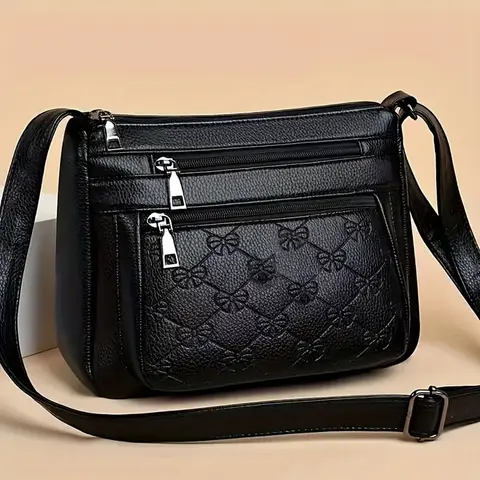 Women Crossbody Fashion Pu Leather Large Capacity Multi-Pocket Mom Bag Black Embossed Outing Party Shoulder Bag