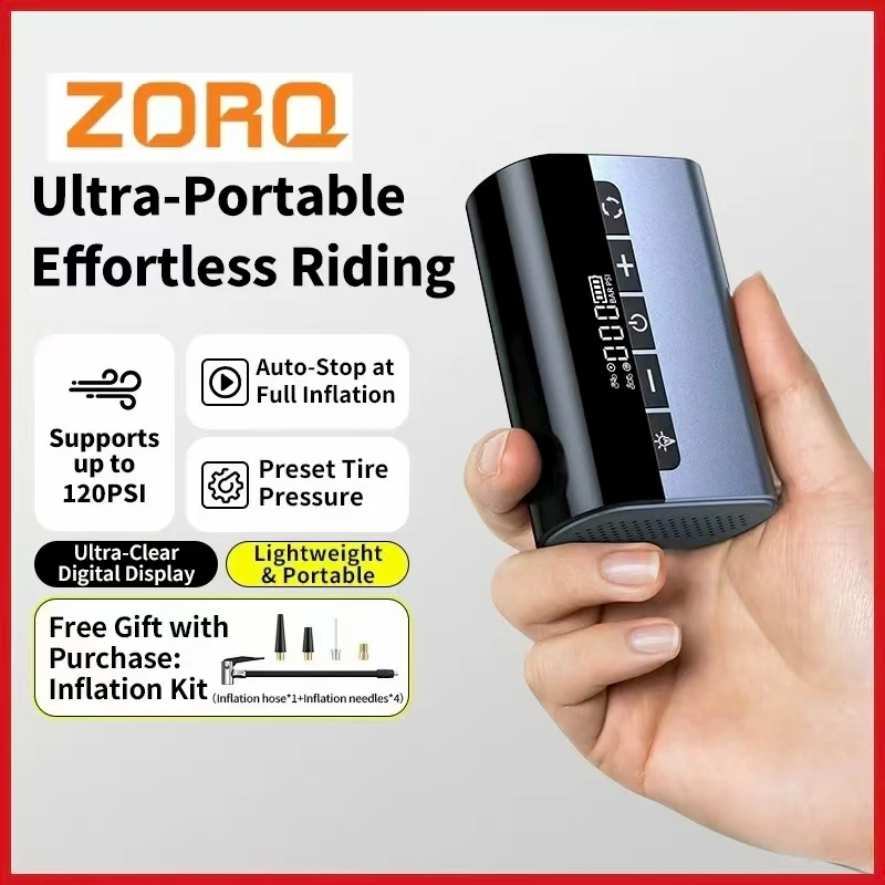 

ZORQ PRO Mini Portable Electric Pump for Bike Cordless Tire Inflator 120PSI Max 600mAh Battery with Screen Fast Charging