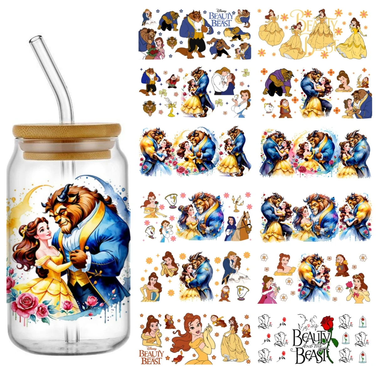 

Cartoon Belle Princess UV DTF Decal Wrap For 16oz Libbey Glass Can Cup Coffee Wholesale Car Sticker