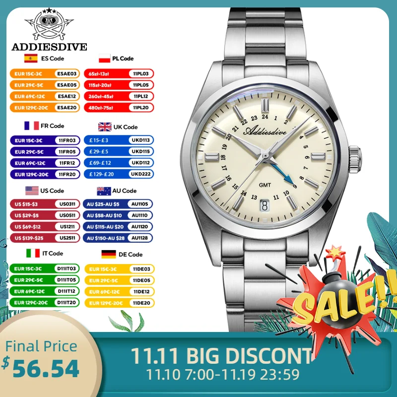 

ADDIESDIVE Swiss Ronda 515-24H Quartz Watches 36mm Stainless Steel Date Luminous GMT WristWatch 10Bar Waterproof Men's Watch