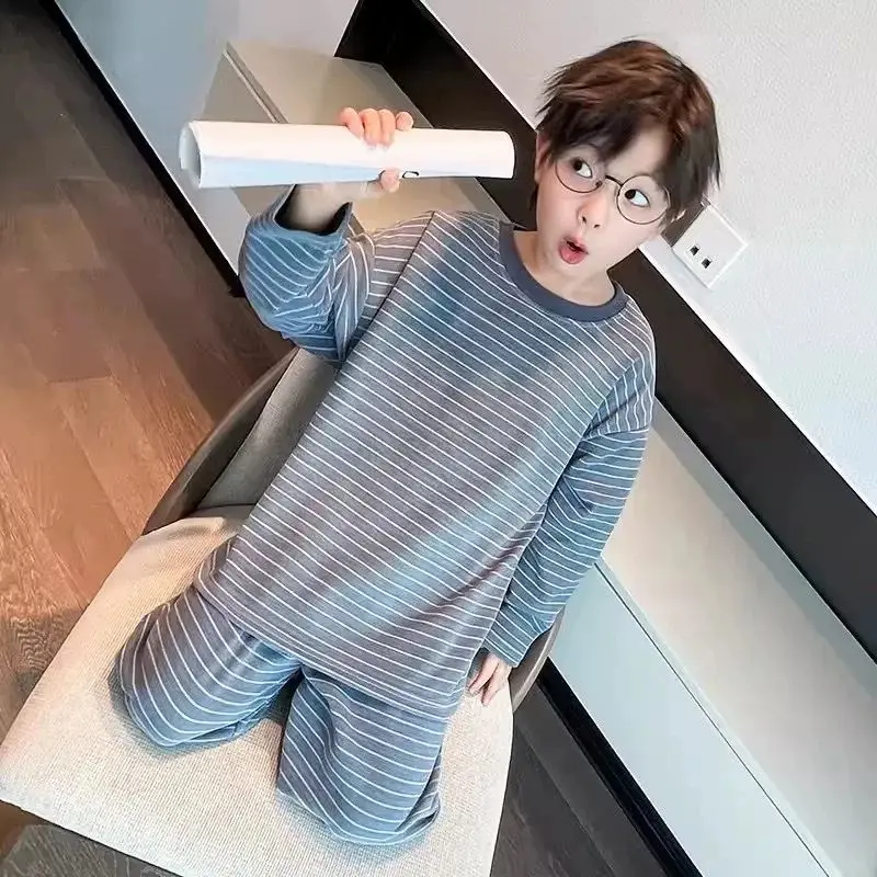 Boys Striped Thermal Cotton Pajama Set 2025 Autumn Winter New Long Sleeve Loose Fit Warmth Tween Boys Kids Homewear Loungewear