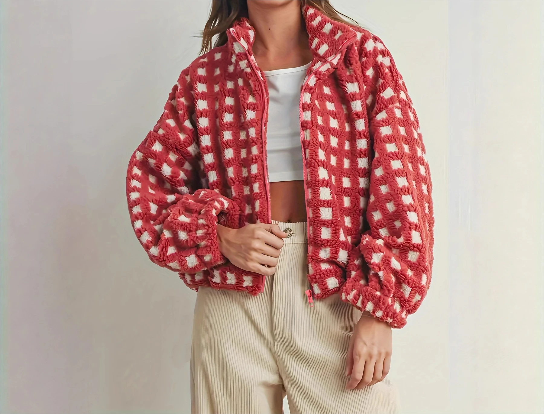 

2025 Autumn Winter Fashion Design Plush Red Plaid Jacket for Women Casual Fashion Versatile