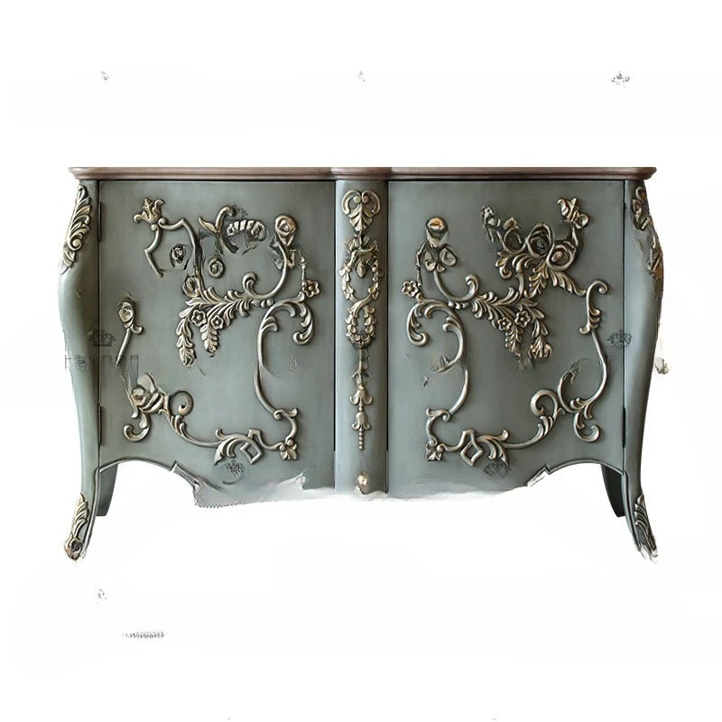 French medieval style solid wood carving flower painted gold entrance cabinet,