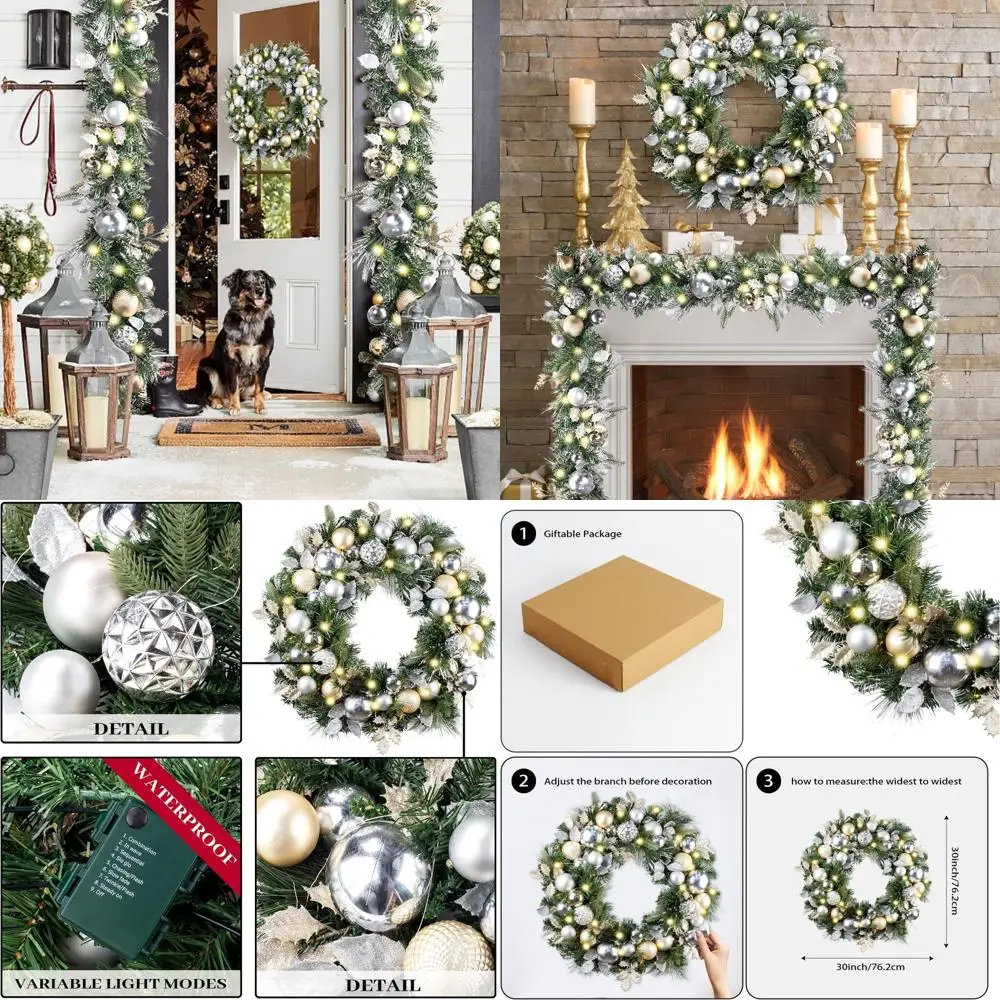 

Large Champagne Gold LED Lighted Christmas Wreath with 50 Balls, Battery Operated for Front Door Decor