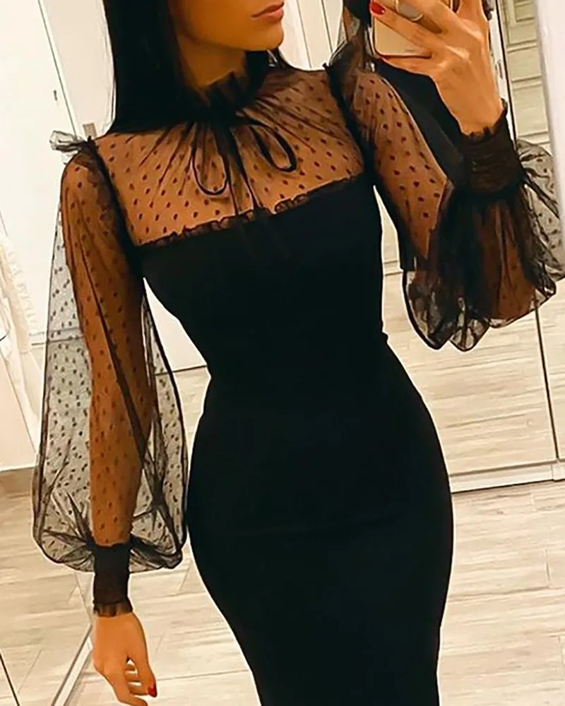 Women Solid Elegant Long Sleeves Mesh Patch Casual Round Neck Maxi Sexy Formal Party Black Dresses