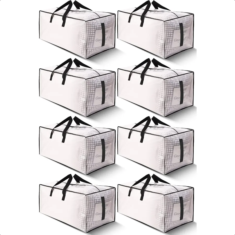 

8 Pack Large Strong Moving Bags with Zippers Carrying Handles WaterResistant Heavy Duty Storage Tote for Space Saving Fold Flat