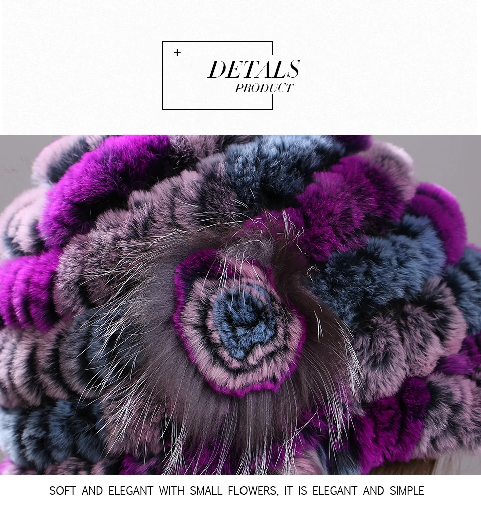Winter Pelz Hüte für Frauen Rex Kaninchen Fell Elastische Gestrickte Hut mit Blume Pelz Hut Großhandel Baseball Kappe Weibliche Echtpelz Bonnets – Detail 22