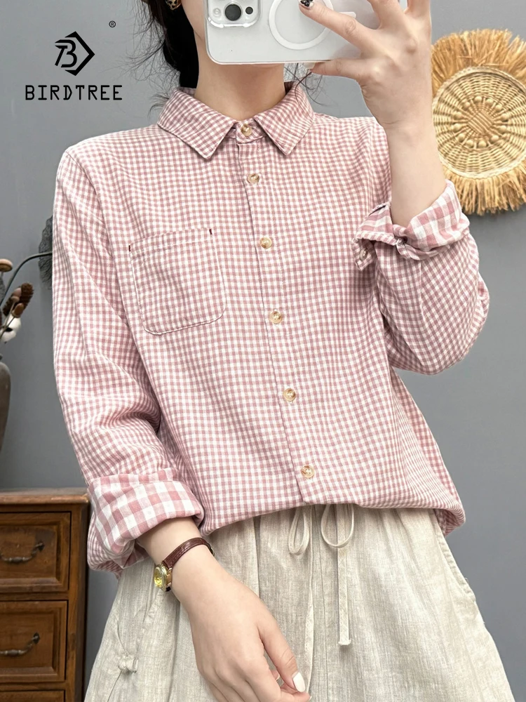 

New 2025 Spring Cotton Yarn Long Sleeve Shirt, Women Turn-down Collar Plaid Tops, Mori Girl Casual Loose Blouse, Autumn T51820CC