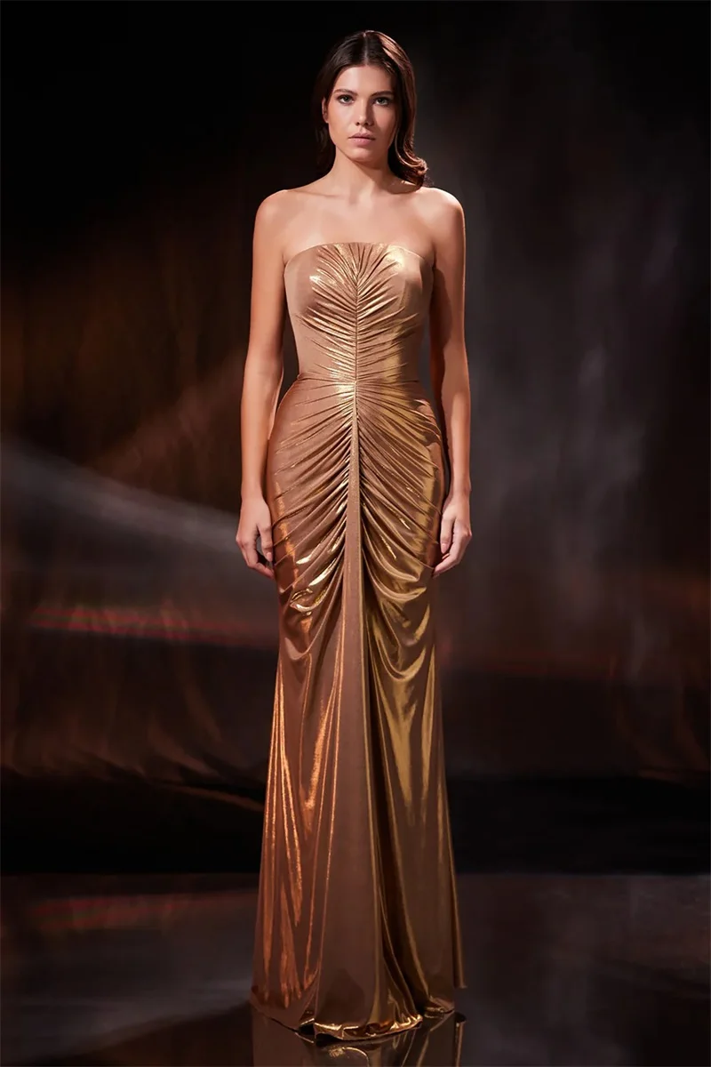 Metallic Glossy Ruched Prom Dress Elegant Strapless Mermaid Maxi Bodycon Party Gown Glam Designer‑Style Evening Wedding Robe