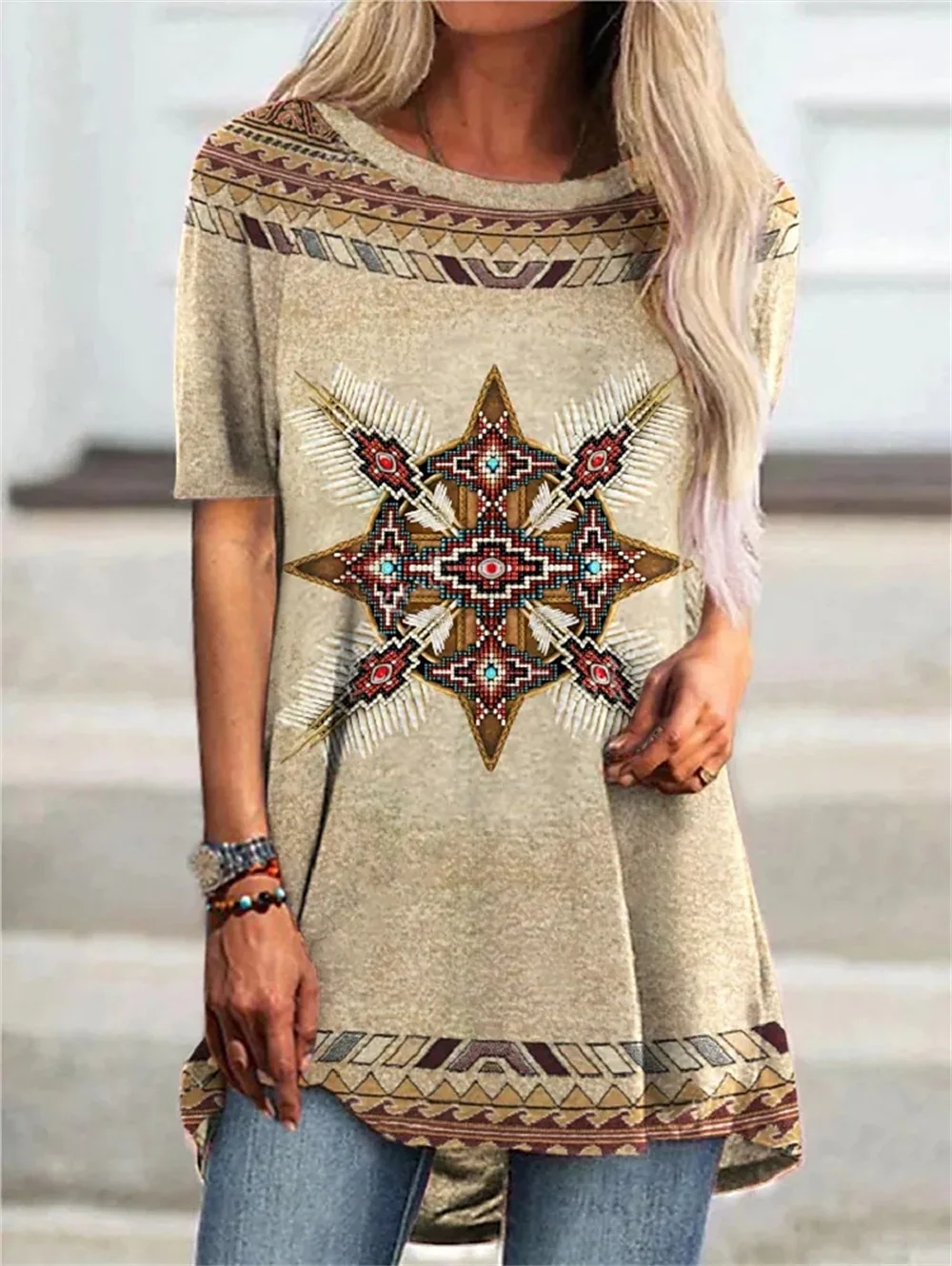Damskie koszulki z długim rękawem w stylu etnicznym, indyjskie, z nadrukiem 3D, moda streetwear, oversize, z krótkim rękawem, damskie topy i odzież.
