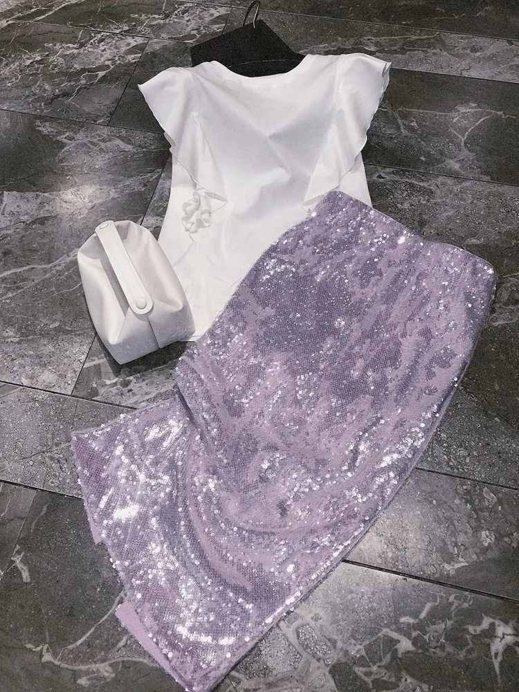 

Retro Hong Kong Chic Commuter Lady Style Purple Sequin Skirt And Sleeveless Top Set Elegant Summer Outfit for Young Women