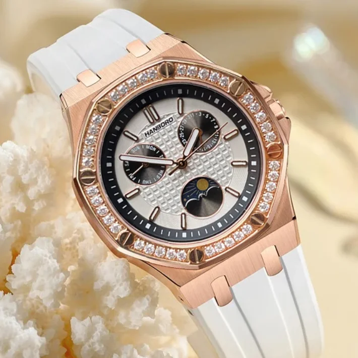 HANBORO Women Fashion Watch 37mm Ladies Quartz Wristwatch Luminous Waterproof Silicone Strap Triple Windows Week Date