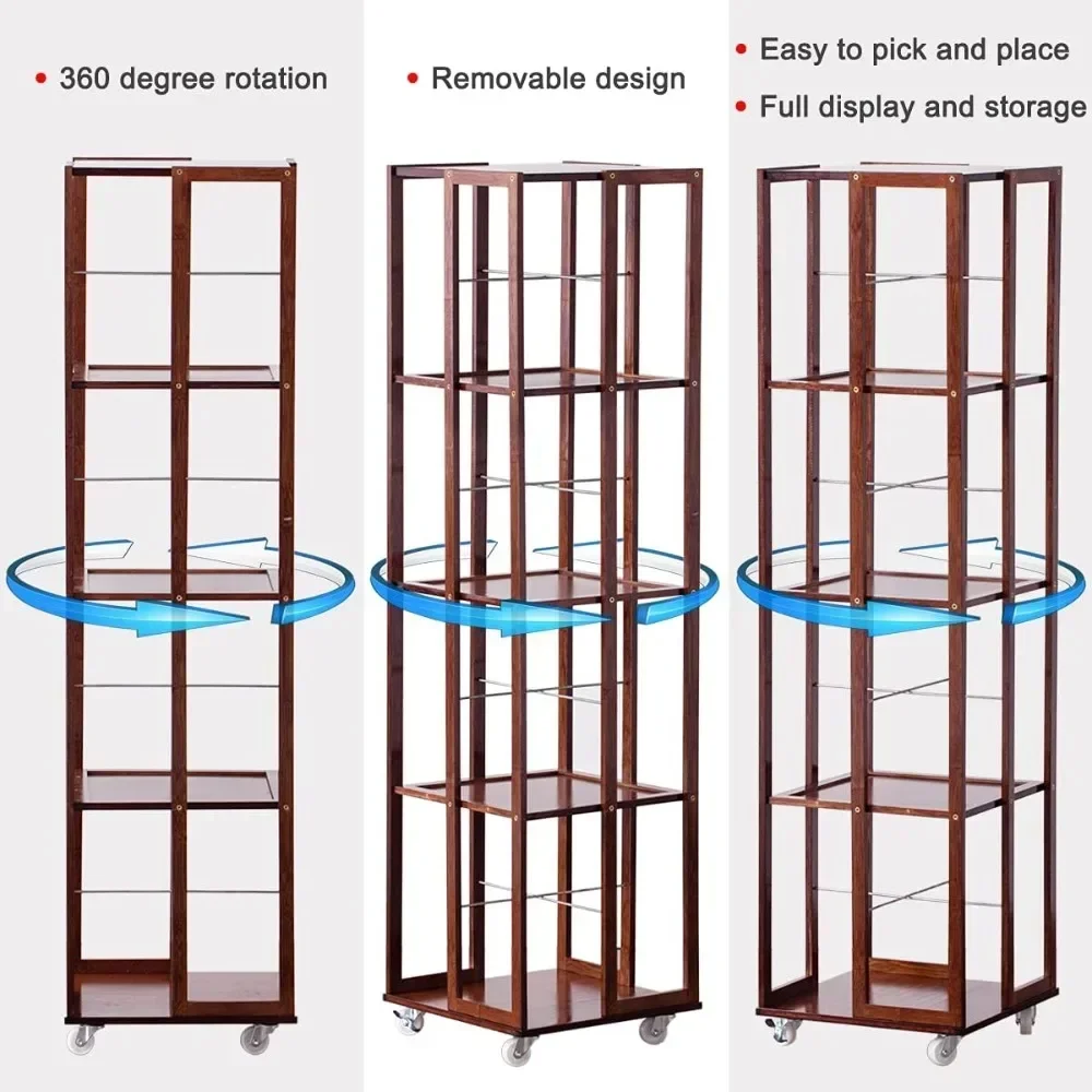 Rolling Bookcase, 5 Tier Rolling Bookcase, Bamboo 360 Rotating Bookshelf, Freestanding Storage Organizer Holder Book Rack