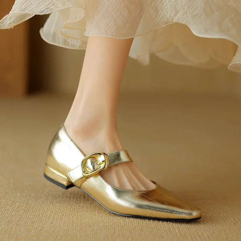 

2026 Women's Genuine Leather Gold Mary Janes Comfortable and Pretty Designer Square Toe Luxury Summer Flat Woman Fashion Shoes