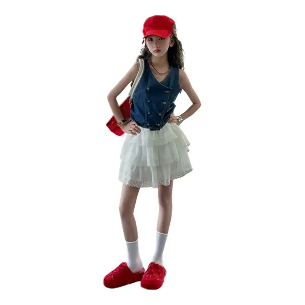 كاوبوي سترة الفتيات الملابس الحلوة مجموعة الدانتيل الأطفال سترة كعكة تنورة مجموعة الملابس فضفاضة المراهقين قطعتين دعوى الربيع الصيف