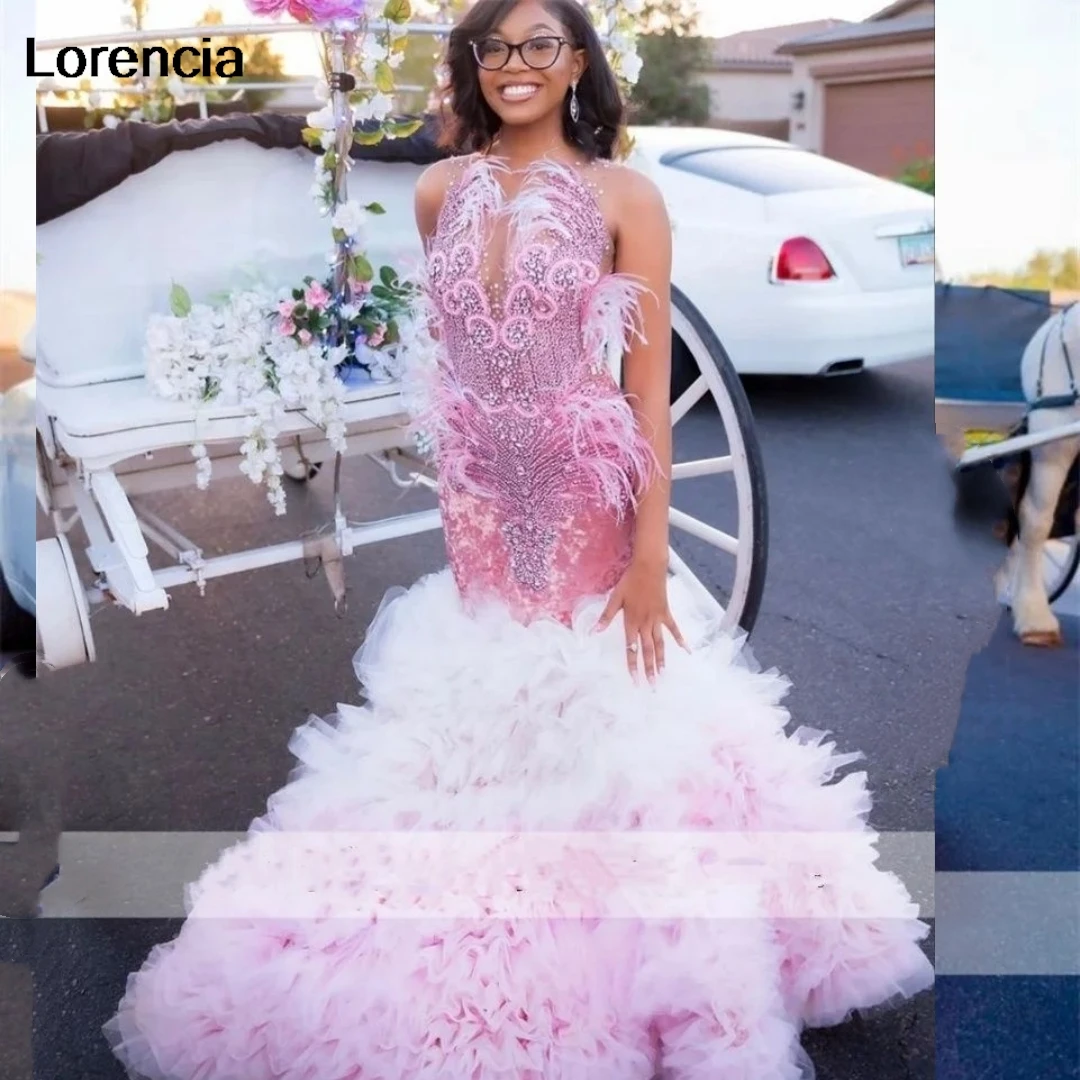 Lorencia Glitter Pink Feather Sequin Mermaid Prom Dress For Black Girls Bead Rhinestones Ruffles Party Gown Robe De Soiree YPD88