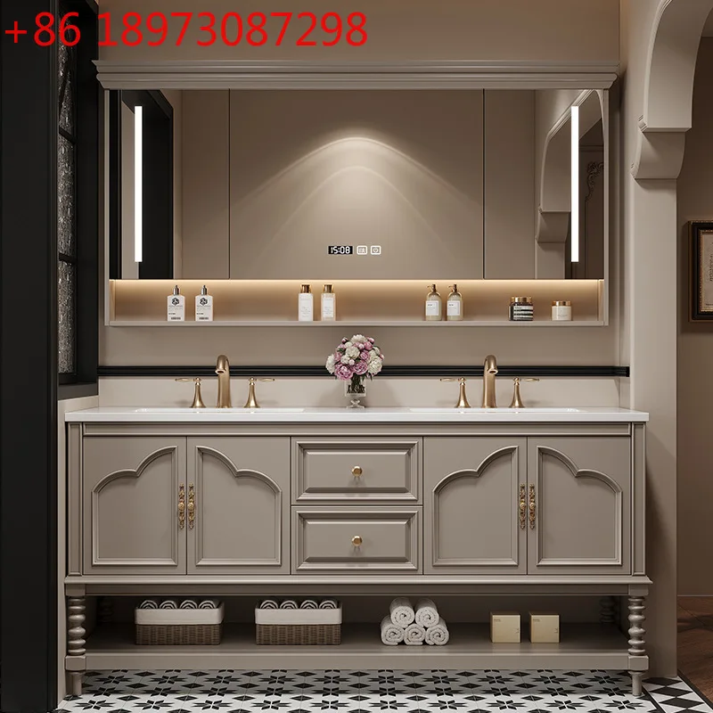 

French retro double basin bathroom cabinet combined integrated sink washbasin cabinet oak bathroom washstand cabinet floor