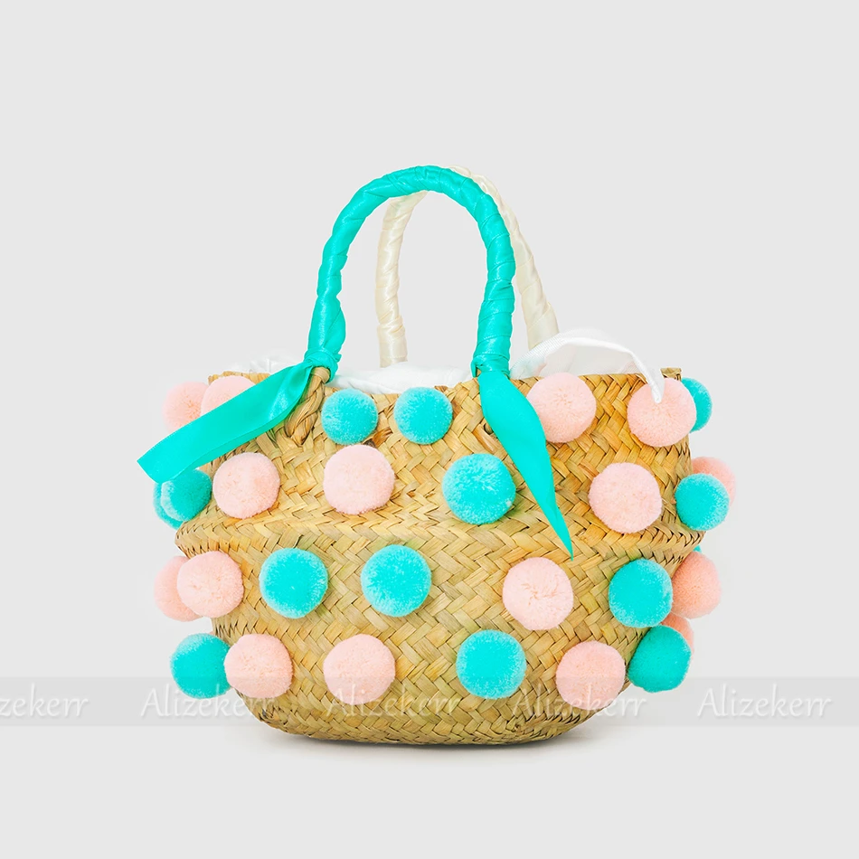 Round Pompoms Straw Bucket Bags For Women Summer Handmade Woven Large Nature Rattan Beach Purse And Handbag Holiday High Quality