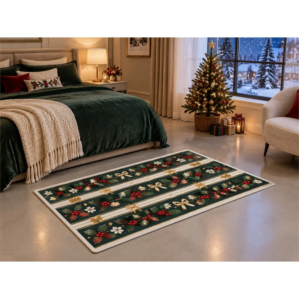 VIKAMA Christmas Pine Gold Holly Flannel Door Mat, Non-Slip Washable Xmas Mat, Christmas Decor for Guest Room, Mudroom