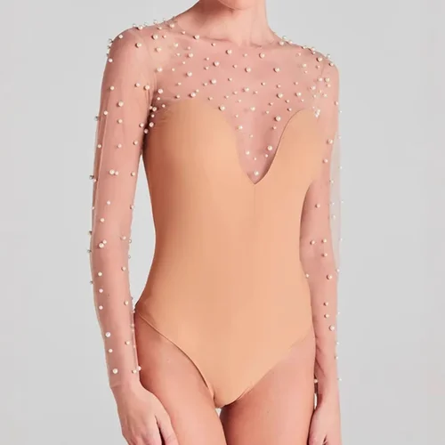 Imagen 2 del producto Body elegante ajustado para mujer, peleles con perlas y retales, mono de una pieza, mono informal transparente de tul de manga larga