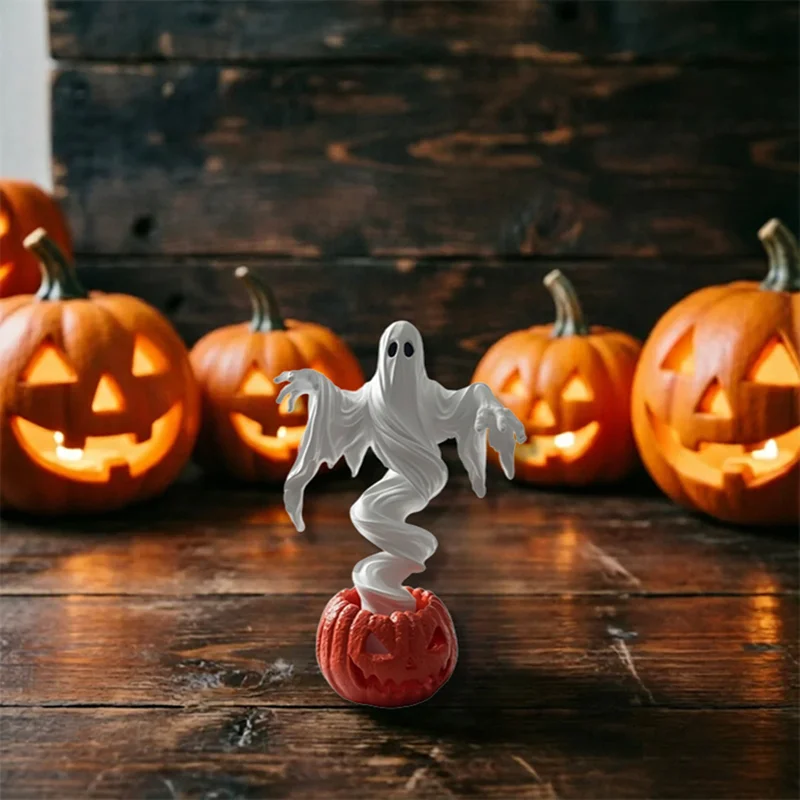 Halloween Swirling Ghost Pumpkin Lamp Spooky Ghost Figure Statue Light Resin Ornament For Home Yard Tabletop Party Decoration