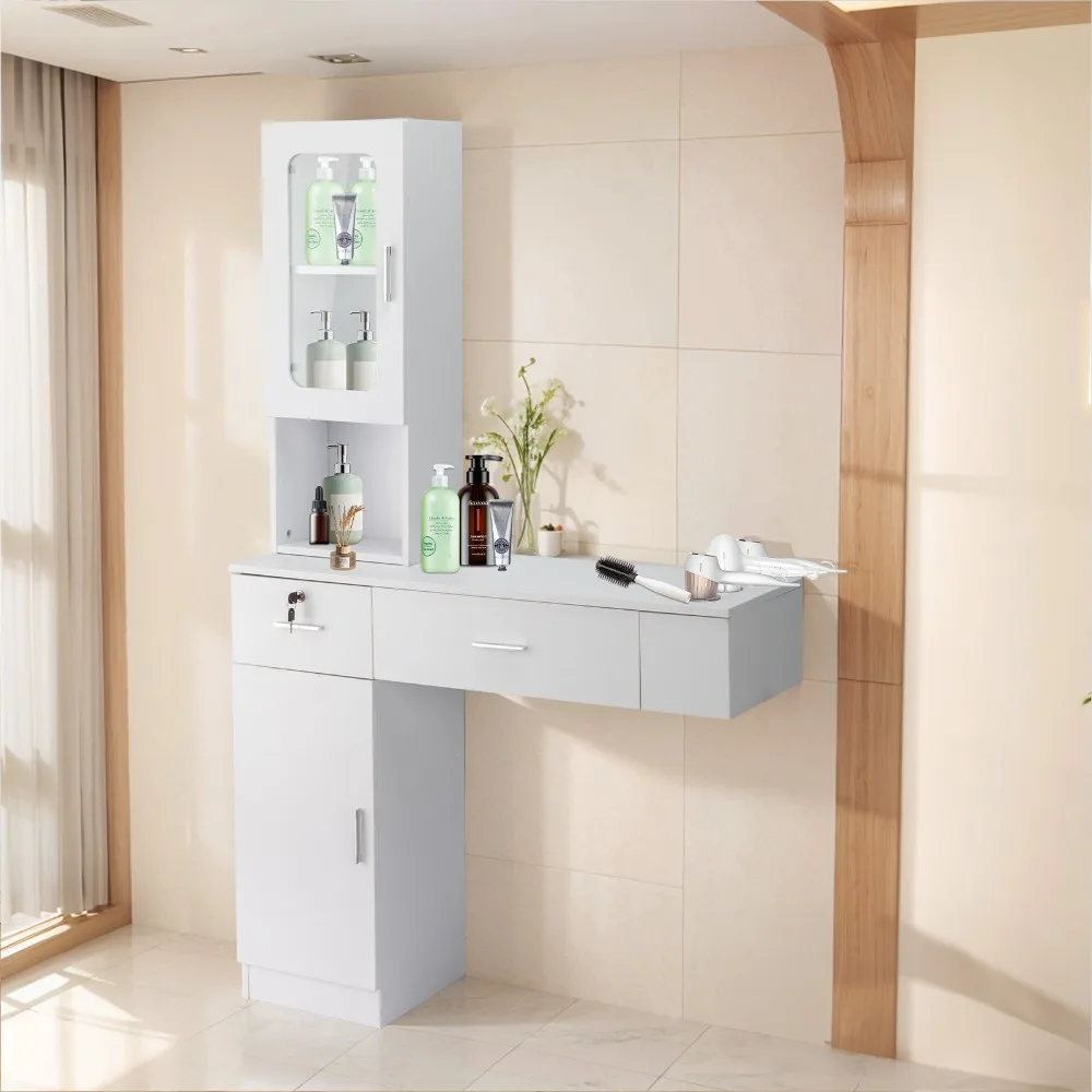 

Wall Mount Makeup Vanity with Lockable Drawer – Salon Styling Station, White