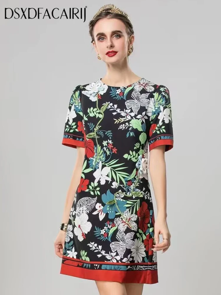 

DSXDFACAIRIJ Discoid Flower Beading Mini Dress For Women O-Neck Short Sleeve Flowers Print Vintage Vest Dresses Summer Female