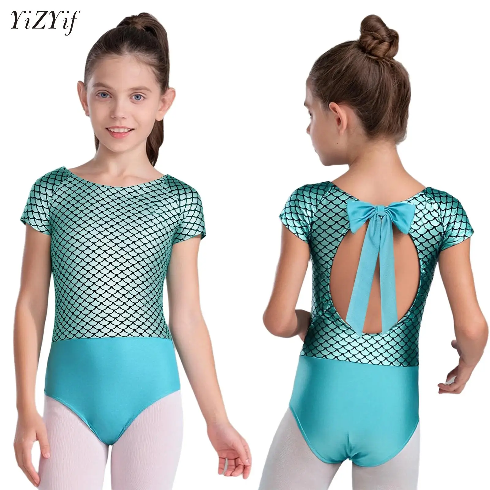 

Girls Gymnastic Leotards Short Sleeve Fish Scale Print Mermaid Unitard Sparkly Metallic Tumbling Dance Leotards for Kids 5-14 Y