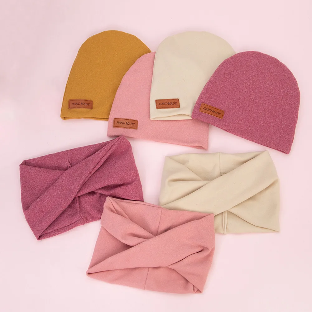 2Pcs/Lot Faux Cashmere Baby Turban Hats Scarf Set Newborn Kids Leather Stick Winter Double Layers Caps Bonnets Fashion Headwraps 4