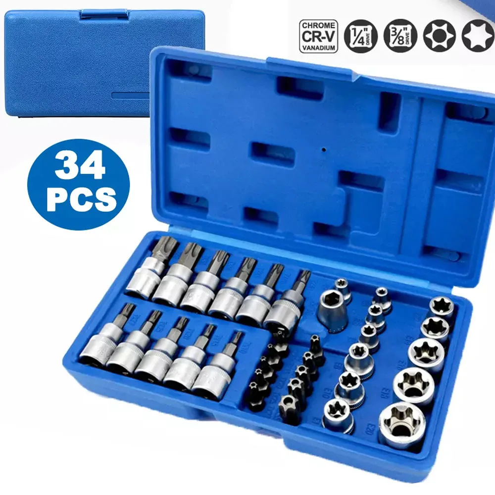 

34Pcs Torx Star Sockets & Bit Set Male / Female E- Security Bits Drive Handheld Tool Torque Star Socket with Blue Case