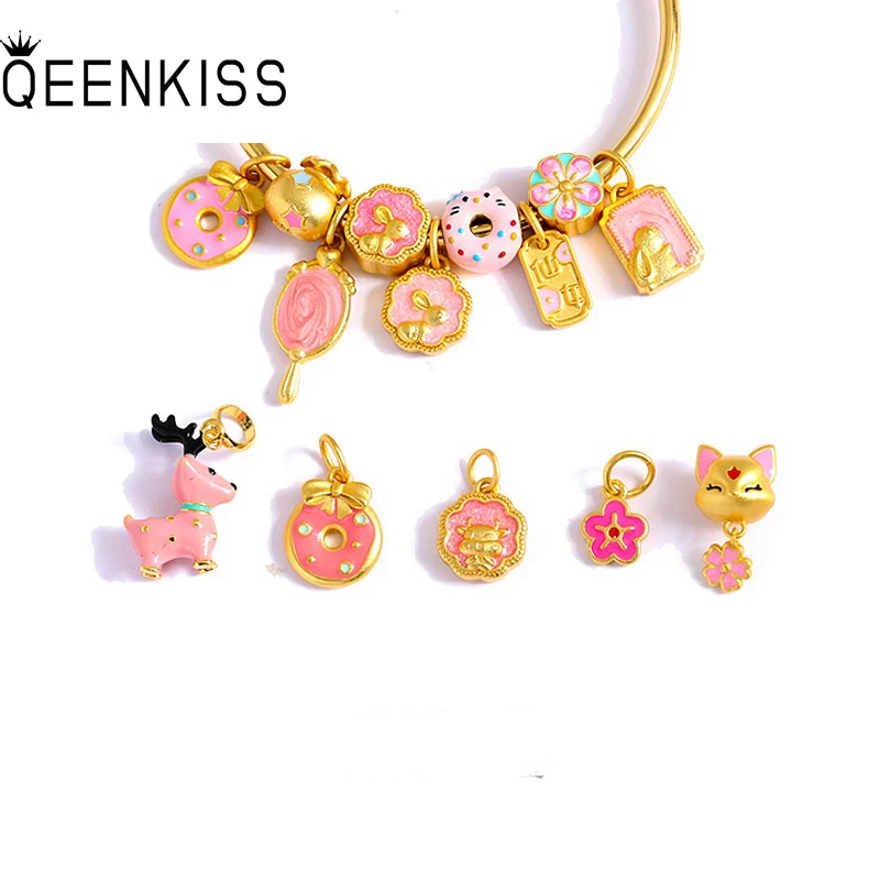 QEENKISS Gold Deer Donut Fox Flower Bead Charm For DIY Bracelet Making For Children Accessories Wholesale Christmas Gift AC546