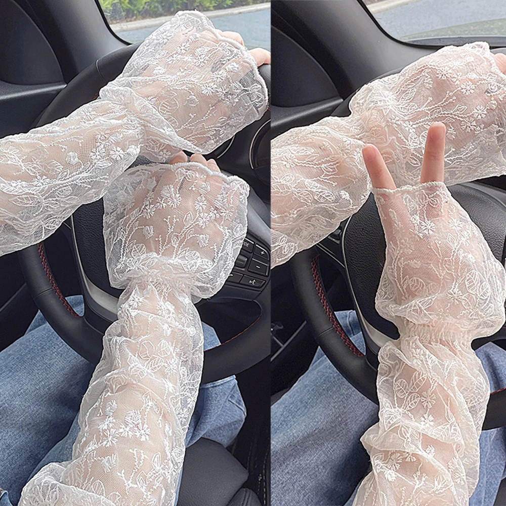 

Lace Sunscreen Sleeve Summer Long Fingerless Gloves Uv Breathable Mittens Driving Arm Warmer Sun Protection Hollow Cuffs