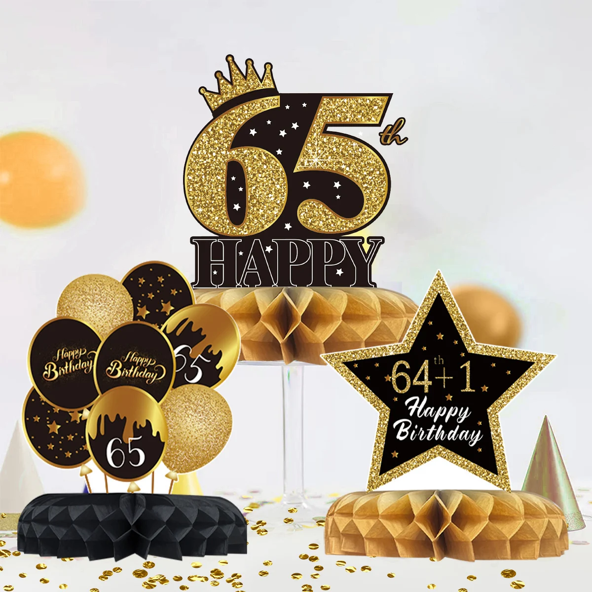 

65th Birthday Party Decorations Black Gold Paper Honeycomb Birthday Ornaments 65th Anniversary Festival Decorations