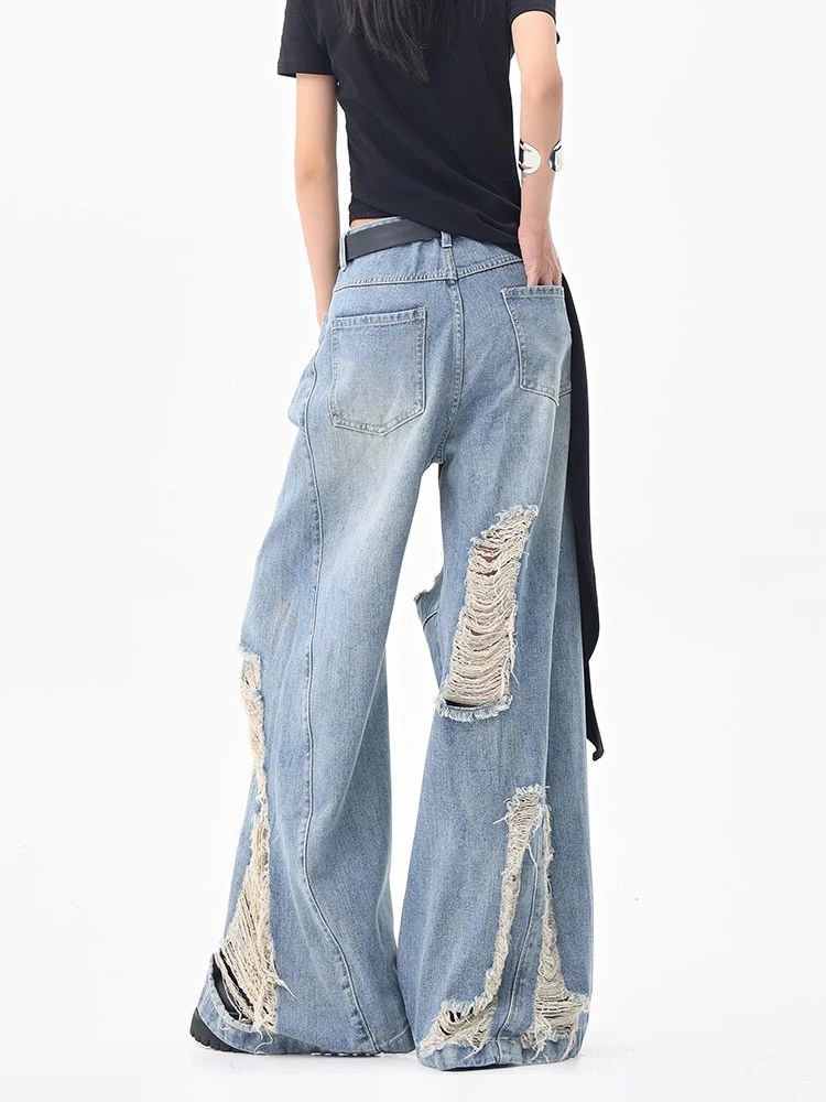 REDDACHiC Street Style Destroyed Baggy Jeans Patchwork Vintage Wash Low Waist Straight Wide Casual Pants Trousers Women Clothes