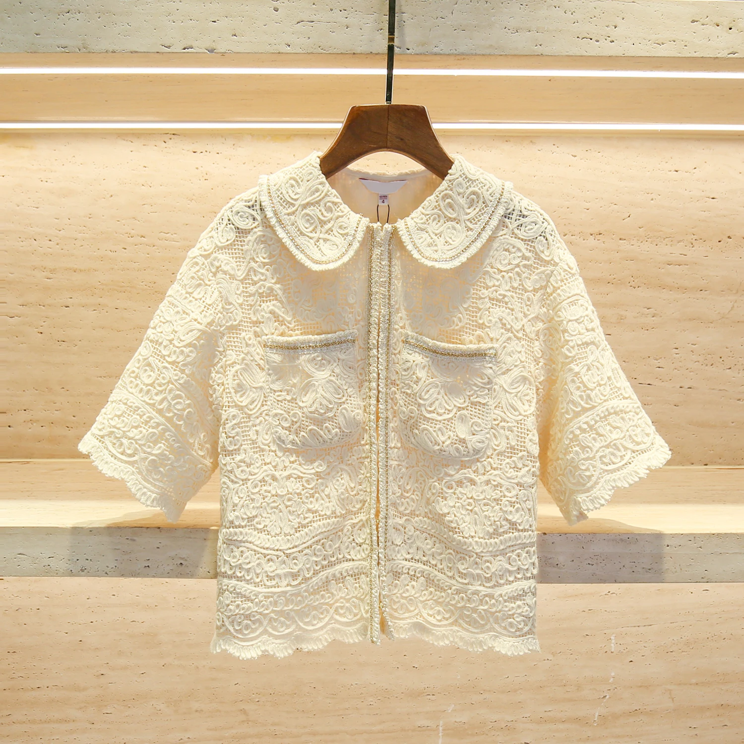 

Heavy Embroidery Lace Open Cardigan ort Coat Women's Faion Summer Design Sensation Doll Collar Sle French Sle Top