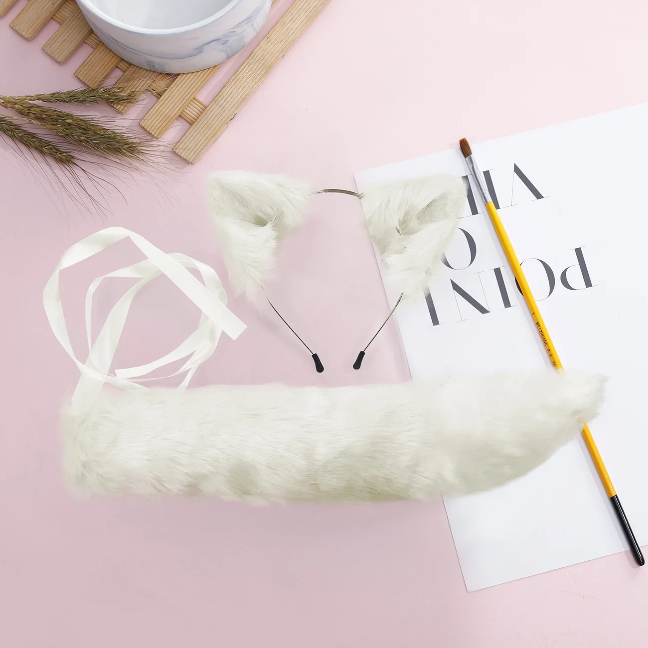 Cute Pink Cosplay Headwear Tail Set Anime Fox Rabbit Fur Headdress Animal Ear Headband Tail Party Props Lolita Accessories Set